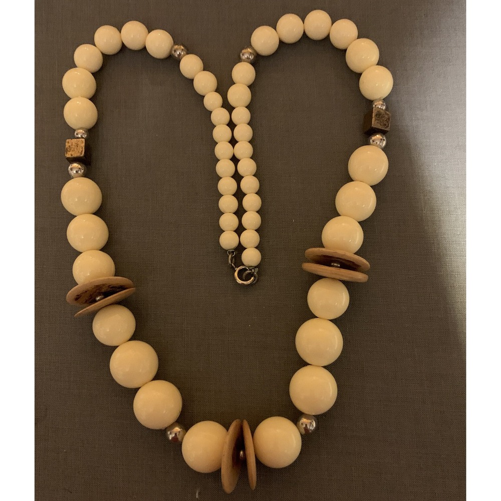 Chunky Cream Beaded Statement Necklace Disc Accents Boho Coastal Jewelry